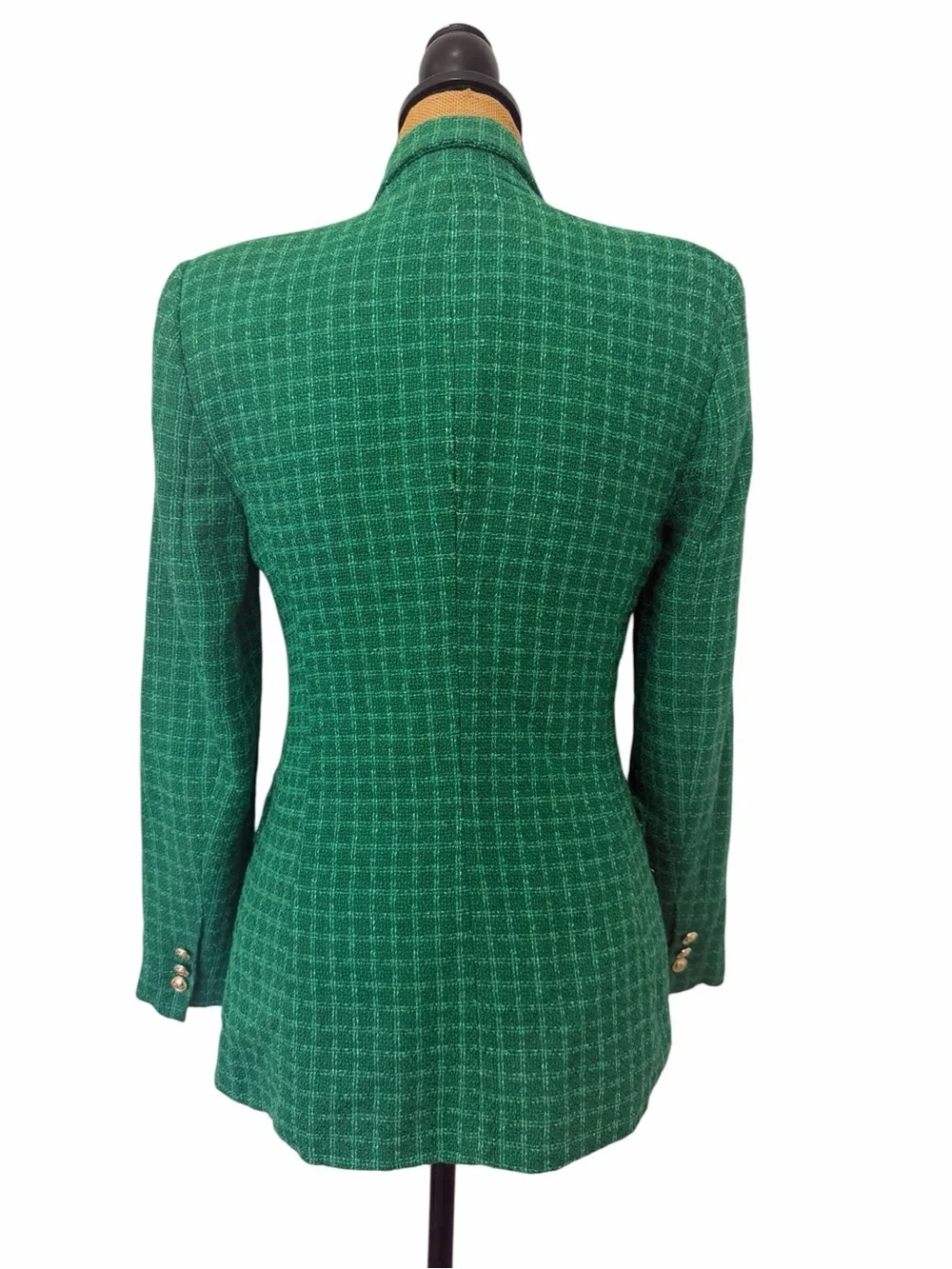ZARA Emerald Green Tweed Blazer Gold Crest Buttons Structured Jacket Small